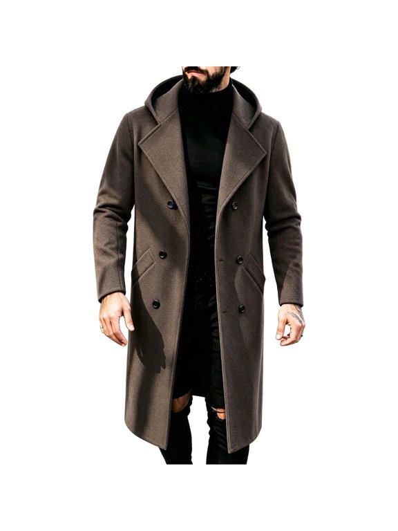 Coats for Men Hooded Double Breasted Solid Color Long Warm Coat with Pockets Winter Trendy Casual Office and Evening Wear
