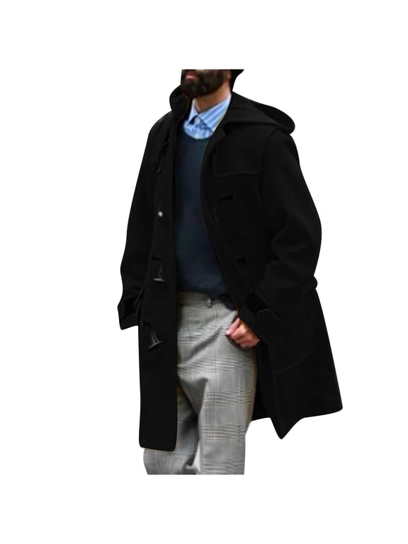 Coats for Men Long Sleeve Hooded Duffle Coat with Toggle Button Insulated Mid Length Winter Outerwear Black 4XL