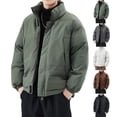 thumbnail image 1 of Coats for Men Stand Collar Full Zip Up Puffer Jackets Oversized Loose Fit Windproof Quilted Winter Coat with Drawstring Hem and Zipper Side Pockets, 1 of 5