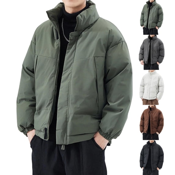 Coats for Men Stand Collar Full Zip Up Puffer Jackets Oversized Loose Fit Windproof Quilted Winter Coat with Drawstring Hem and Zipper Side Pockets