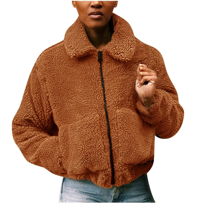 Coats for Women Casual Lapel Fleece Fuzzy Faux Shearling Zipper Coat Warm Winter Solid Color Pockets Outwear Jackets