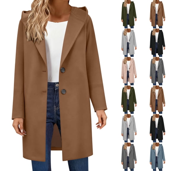 Coats for Women Fashion Hooded Long Pea Coat Notched Lapel Collar Breasted Trench Overcoat Warm Winter Clothing Light Blue XL