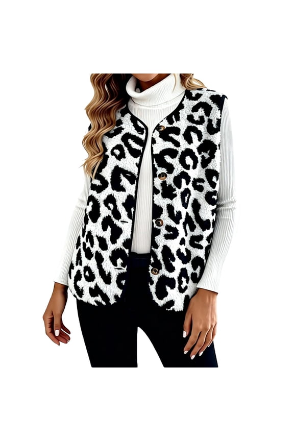 Coats for Women Leopard Print Vest Warm Sleeveless Blouses,White,M