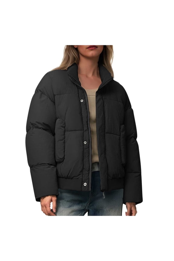 Coats for Women Long Sleeve Casual Solid Color Zippered Button Stand Up Collar Double Pocket Parkas Mountain Hiking Trip