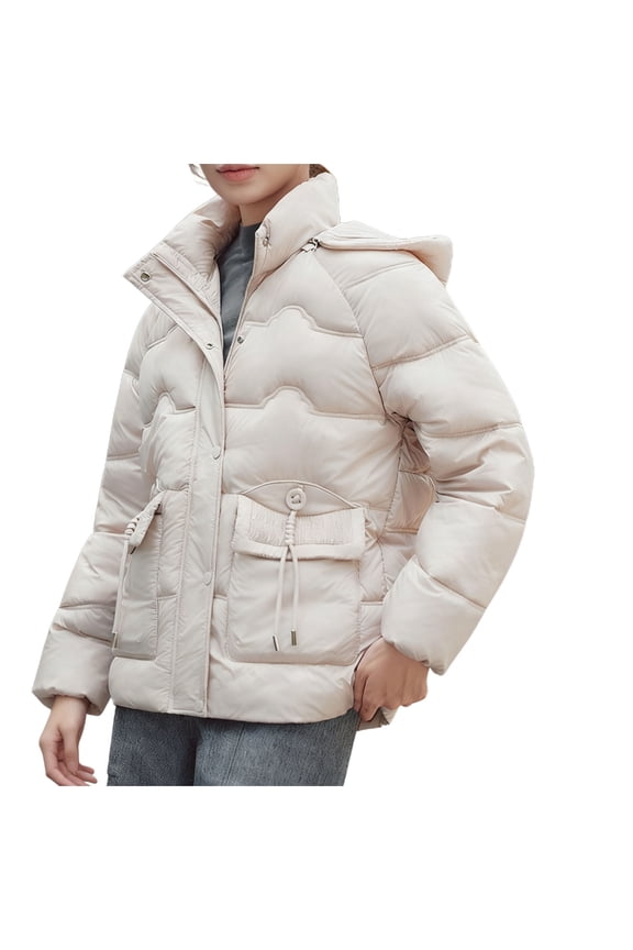 Coats for Women Long Sleeve Hooded Solid Color Stand-Up Collar Outerwear Zippered Double Pocket Parkas Mountain Hiking Trip