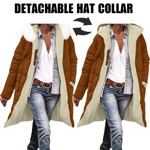 Coats for Women Long Sleeve Jacket Hooded Jacket Winter Long Coat with Pockets Detachable Hat Collar,Womens Coats Plus Size Brown XL
