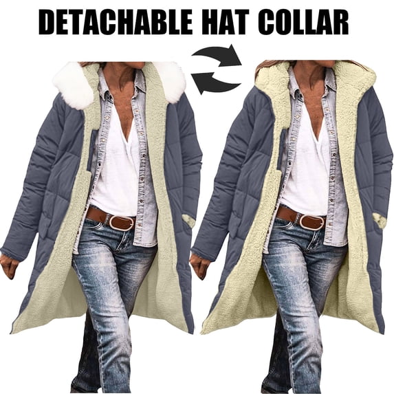Coats for Women Long Sleeve Jacket Hooded Jacket Winter Long Coat with Pockets Detachable Hat Collar,Womens Coats Plus Size Dark Gray XXL