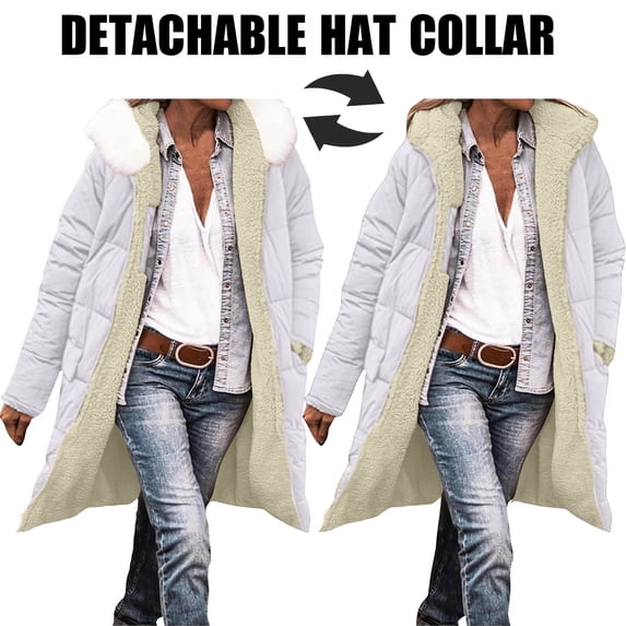 Coats for Women Long Sleeve Jacket Hooded Jacket Winter Long Coat with Pockets Detachable Hat Collar,Womens Coats Plus Size White XL