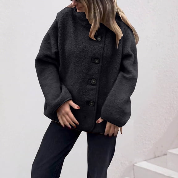 Coats for Women Long Sleeve Stand Collar Button Loose Casual Cardigan Coat,Womens Coats Plus Size Black XL