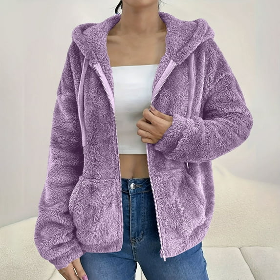 Coats for Women Long Sleeved Hooded Zipper Double-sided Velvet Solid Color Jacket,Womens Coats Plus Size Purple XL