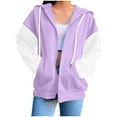 thumbnail image 1 of Coats for Women Plus Size Long Sleeve Pocket Hooded Zipper Light Jacket Color Block Solid Color Loose Coat Purple L, 1 of 6