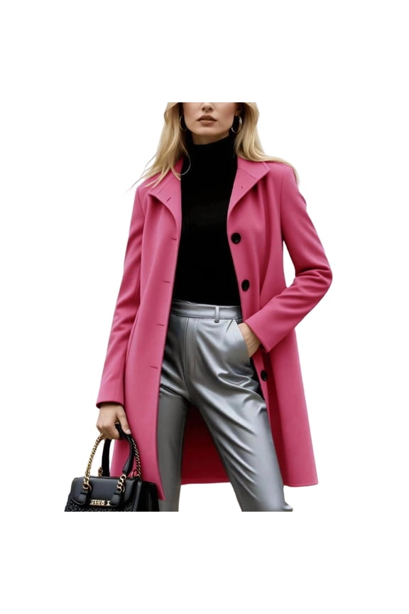Women's Fashion Single-Breasted Trench Coat - A-Line Solid Color Long-Sleeved Fall Winter Jacket, Fuchsia, XXXL