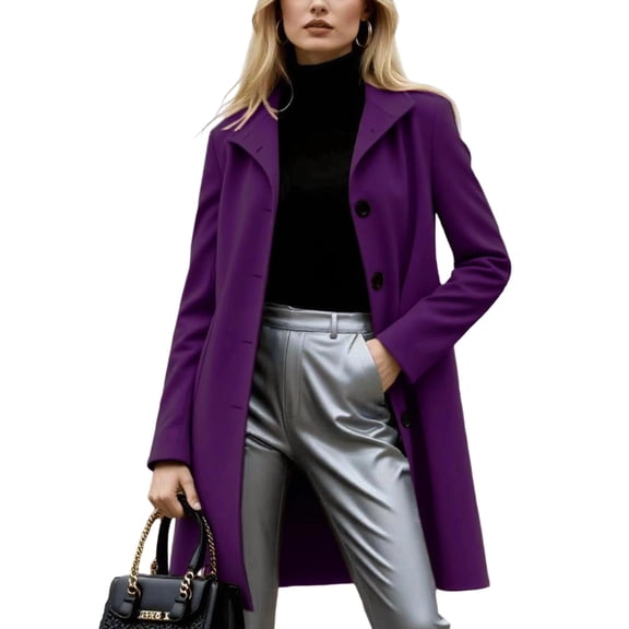 Women's Fashion Single-Breasted Trench Coat - A-Line Solid Color Long-Sleeved Fall Winter Jacket, Purple, XXL