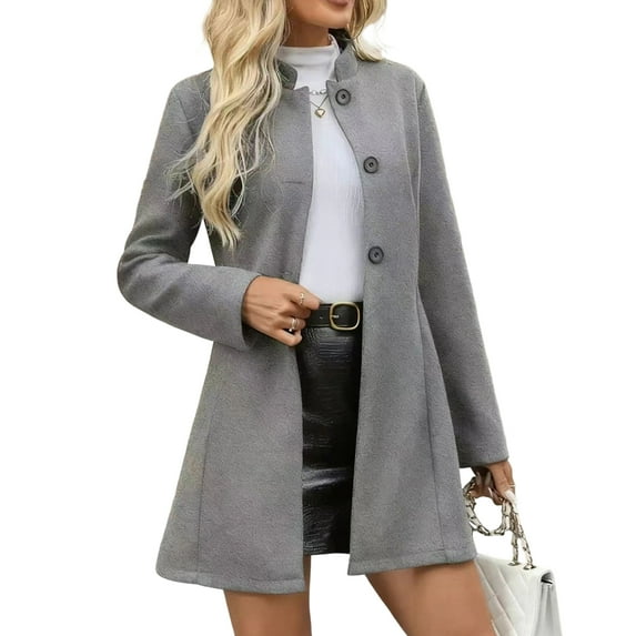 Women's Elegant Single-Breasted Coat - Solid Color Long-Sleeved Winter Outerwear, Gray, M