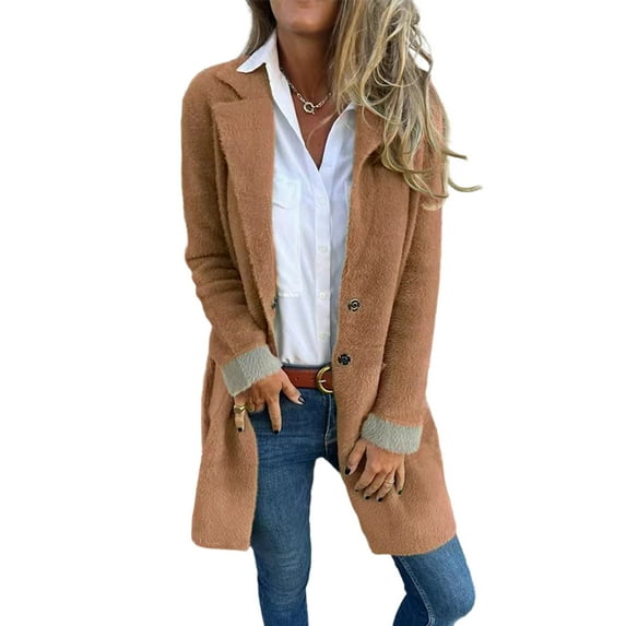 Coats for Women Single Breasted Trench Coat Fashion A-Line Fall Winter Jackets, Mid-Length Pure Color Outerwear for Daily Use,Light Brown,XL