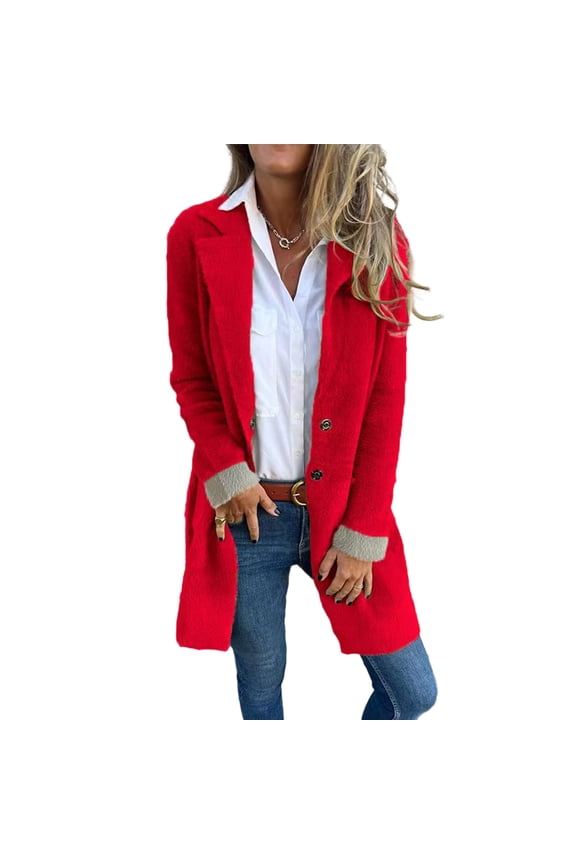 Coats for Women Single Breasted Trench Coat Fashion A-Line Fall Winter Jackets, Mid-Length Pure Color Outerwear for Daily Use,Red,S