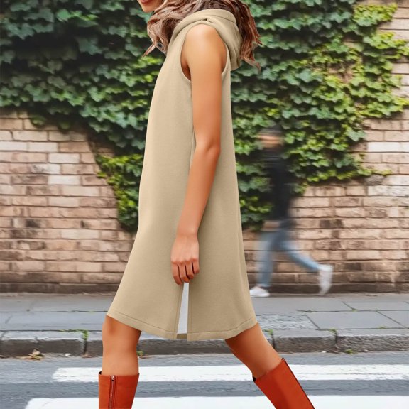 Coats for Women Sleeveless Fleece Hooded Sweatshirt with Split Hem Solid Color Loose Casual Mid-Length Jacket,Womens Coats Plus Size Khaki XXXL