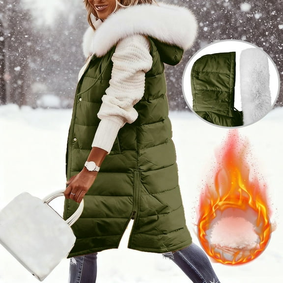 Coats for Women Sleeveless Puffy Jackets Long Puffer Stand Collar Casual Winter Coat with Pockets,Womens Coats Plus Size Army Green XXXXXL