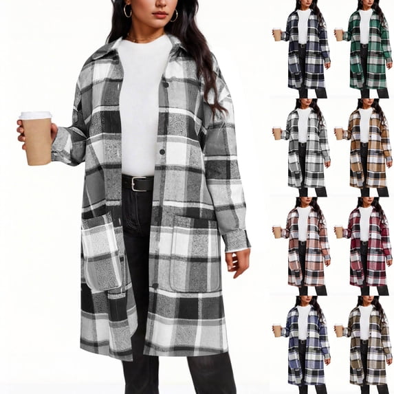 Coats for Women Spring Fall Classic Grid Coat Lapel Collar Open Front Belted Long Jacket