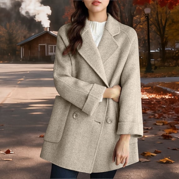 Coats for Women Stand Collar Solid Casual Thicken Wool Inner Lining Pocket Breasted Pea Coat,Womens Coats Plus Size Khaki XXL