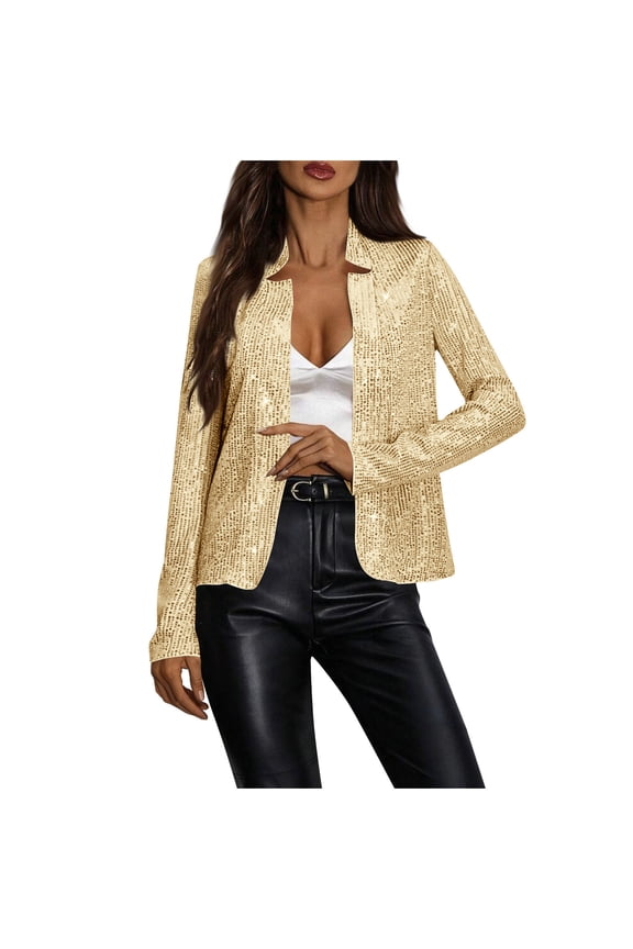 Coats for Women Stand Up Collar Long Sleeved Solid Color Casual Sequin Suit Jacket,Womens Coats Plus Size Gold XL