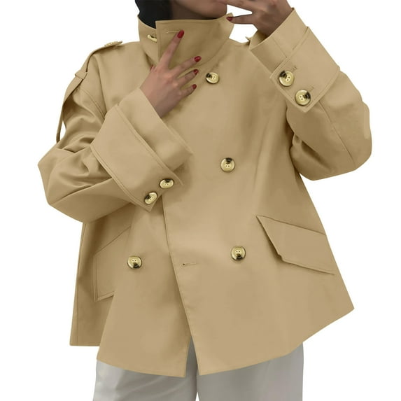 Coats for Women Trench Coat Stand Collar Short Oversized Double Breasted Cropped Jacket Fall Casual Work Outerwear,Womens Coats Plus Size Khaki XL