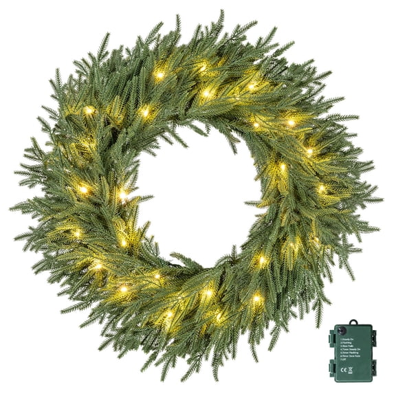 Costway 1 PCS 24” Artificial Pre-Lit Christmas Wreath with 108 Branch Tips & 35 White LED Lights