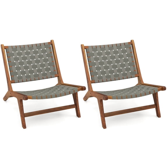 Costway 2 PCS Patio Teak Wood Chair with Nylon Webbing Seat & Back for Backyard, Porch