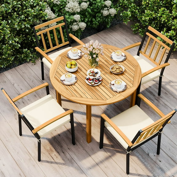 Costway 5 Pieces Outdoor Acacia Wood Dining Set with Cushions for Porch, Balcony, Garden