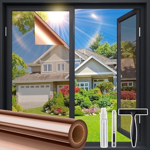 Coavas One Way Privacy Window Film with Tools, Window Tint Adhesive Shatterproof Film for Home, Premium PET Heat Control Daytime Reflective Mirror Coverings, Tea Silver, 17.5 x 78.7 Inch