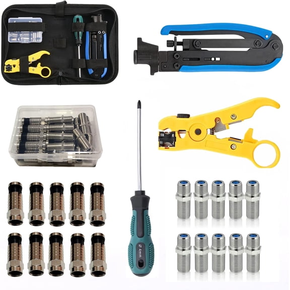 Coax Cable Crimper Tool Kit, Coaxial Compression Tool for rg6 rg59 rg11 with 1 Wire Stripper, 10pcs F Male rg6 Connectors And 10pcs Female to Female rg6 Connectors, 1 Screwdriver