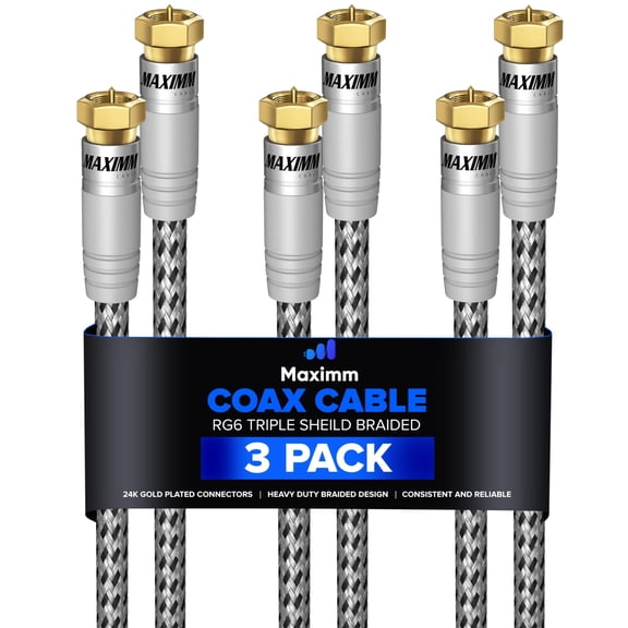 Maximm 10ft RG6 Coaxial Cable, Triple Shielded Nylon Braided TV Antenna Wire, 3-Pack