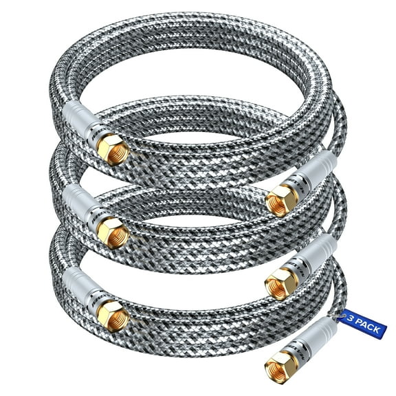 Coaxial Cable 12 Feet, 3 Pack, Durable Nylon Braided Black & White Coaxial Cable Wire, RG6 Coax Cable, Triple Shielded, TV Cable Wire, Antenna Wire