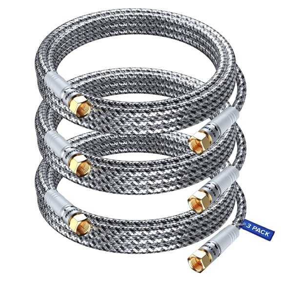 Maximm RG6 Coaxial Cable 12 feet, 3-Pack Durable Nylon Braided Triple Shielded Cord for TV, Antenna, Router, and Signal Extension (Black & White)