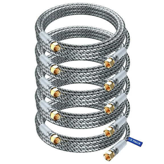 Coaxial Cable 12 Feet, 5 Pack, Durable Nylon Braided Black & White Coaxial Cable Wire, RG6 Coax Cable, Triple Shielded, TV Cable Wire, Antenna Wire