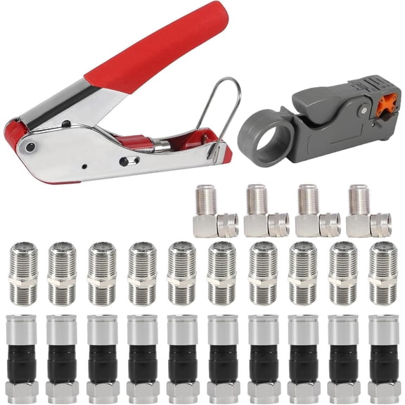 Coaxial Cable Crimping Tool Kit Coax Cable Crimper Tool + 10PCS RG6 Compression Connectors + 10PCS Coaxial Cable Extension Adapter with 4PCS RG6 F Type Female to Male Adapter