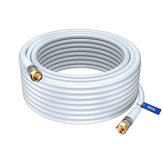 Coaxial Cable RG Coax Cord 100 Feet (White), Triple Shielded Wire CL3 F-Type Connectors
