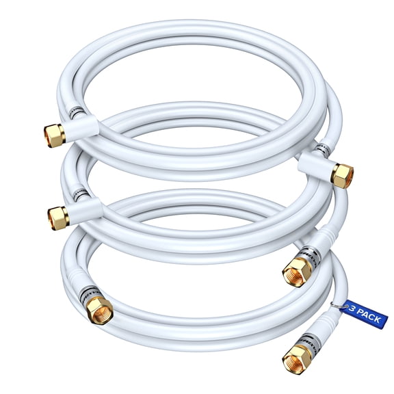 Coaxial Cable RG6 6 ft, F-Type Connector CL3 Triple Shielded Mixed Angled and Straight Coax Cable, 3 Pack, (White)
