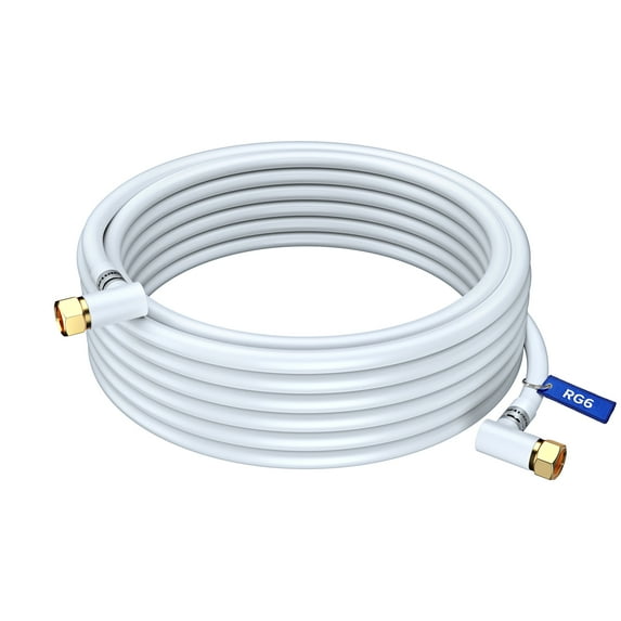 Coaxial Cable RG6 Right Angle with 90°connectors on Both Ends, 30 ft, F-Type Connector Triple Shielded, 90° Coax Cable (White)