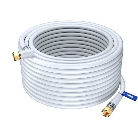 Coaxial Cable RG6, with a Right Angle 90° Connector, 150 ft, Coax Cable F-Type Triple Shielded Coax Cable 150 Feet (White)