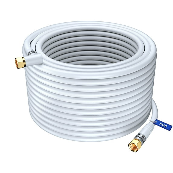 Coaxial Cable RG6, with a Right Angle 90° Connector, 200 ft, Coax Cable F-Type Triple Shielded Coax Cable 200 Feet (White)