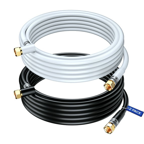 Coaxial Cable RG6, with a Right Angle 90° Connector, 25 ft, Coax Cable F-Type Triple Shielded Coax Cable, 2 Pack, Black and White