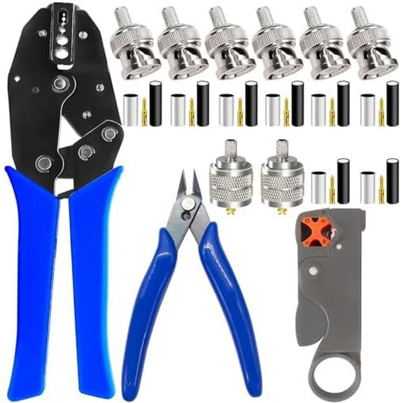 Coaxial Cable Tool Kit,BNC Crimp Tool with 8PCS BNC/UHF Crimp Male Connectors 1PCS Coaxial Cable Stripper 1PCS Wire Cutter for RG58, RG59, RG62, RG174$$Tools & Hardware Other