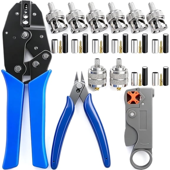 Coaxial Cable Tool Kit,BNC Crimp Tool with 8PCS BNC/UHF Crimp Male Connectors 1PCS Coaxial Cable Stripper 1PCS Wire Cutter for RG58, RG59, RG62, RG174
