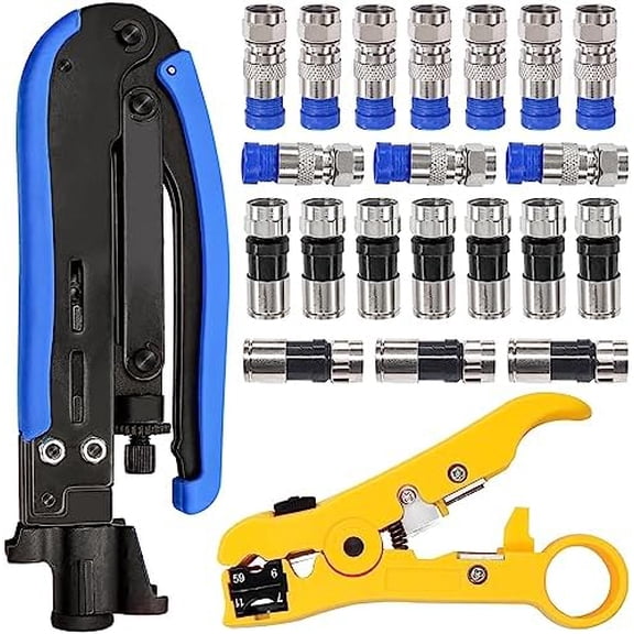 Coaxial Compression Tool Coax Cable Crimper Kit with 20 PCS F Style RG6 connectors,Adjustable RG6 RG59 RG11 75-5 75-7 Coaxial Cable Stripper,coaxial cable crimper Tool Kit