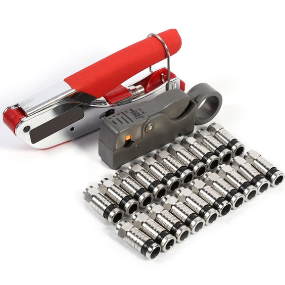 Coaxial Compression Tool Kit F Type with Cable Stripper and 20 Connectors for RG58 RG59 RG6