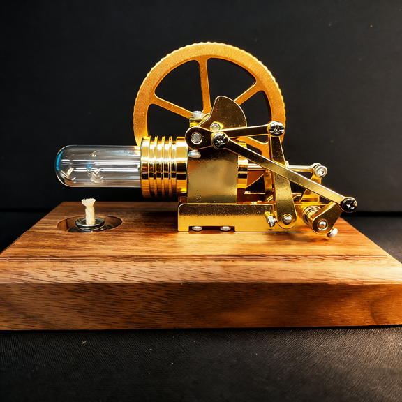 Coaxial Swing Arm Stirling Engine Model Heat Powered Brass Mechanical Engine with Quartz Glass Hot Cylinder, Solid Wood Base, Desktop Thermodynamics Demonstration for Adults