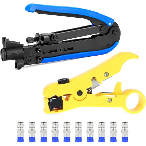 Coaxial cable crimping tool set, with adjustable crimping capability, suitable for 6, 59, 11, precision cable stripping and cutting tool, comes with 10 type 6 connectors