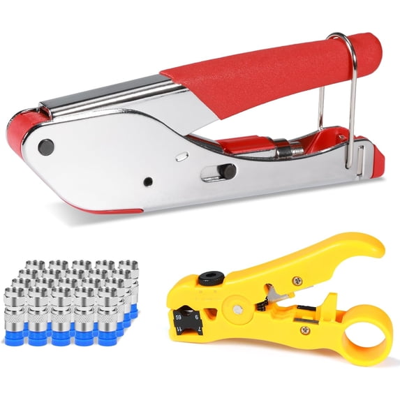 Coaxial cable crimping tool set, coaxial cable 6 compression tool set, with 20 type 6 connectors, coaxial cable stripping tool