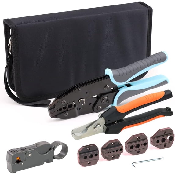 Coaxial cable crimping tool set, for coaxial cable connectors, with 5 replaceable jaws, rotating coaxial cable stripper and cable cutter